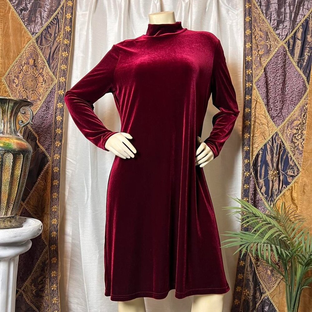 Burgundy Long Sleeve Velvet High Neck Dress